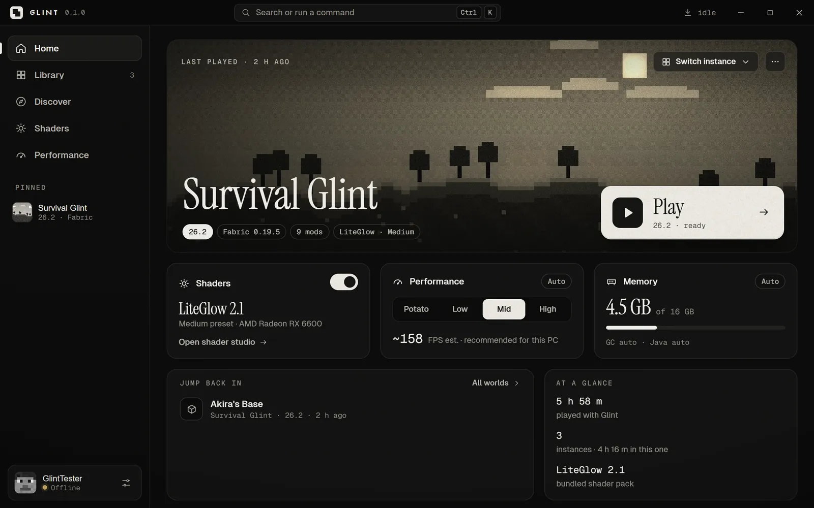Glint’s home screen with a play button and recent instances