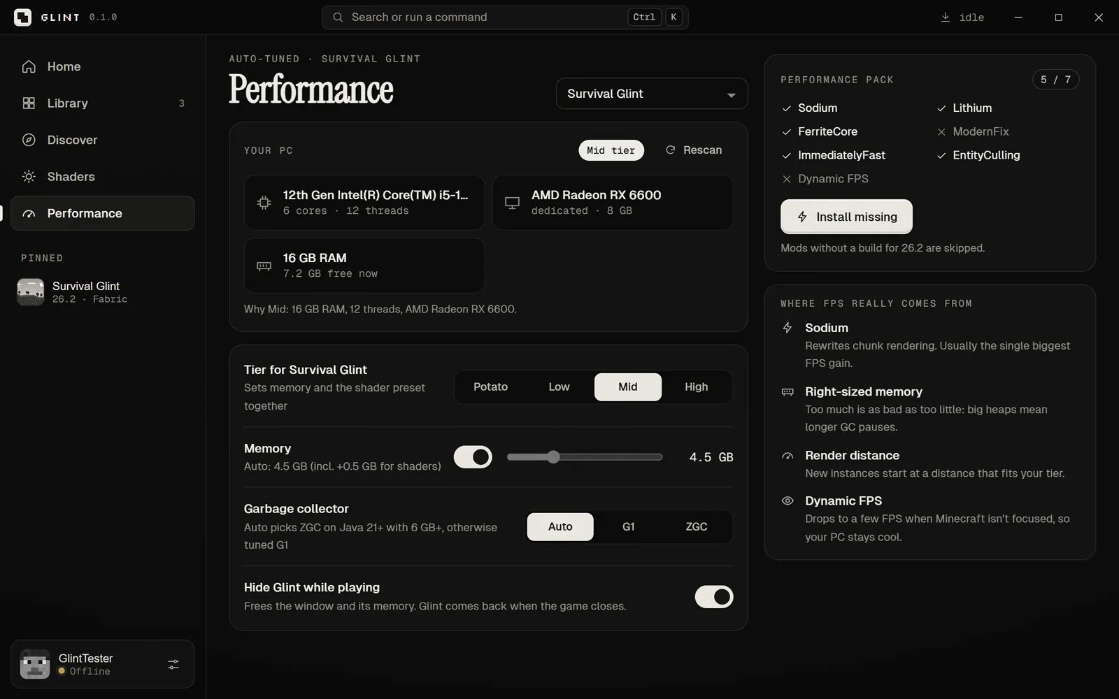 Glint’s performance page showing the detected PC, tier, memory and performance pack
