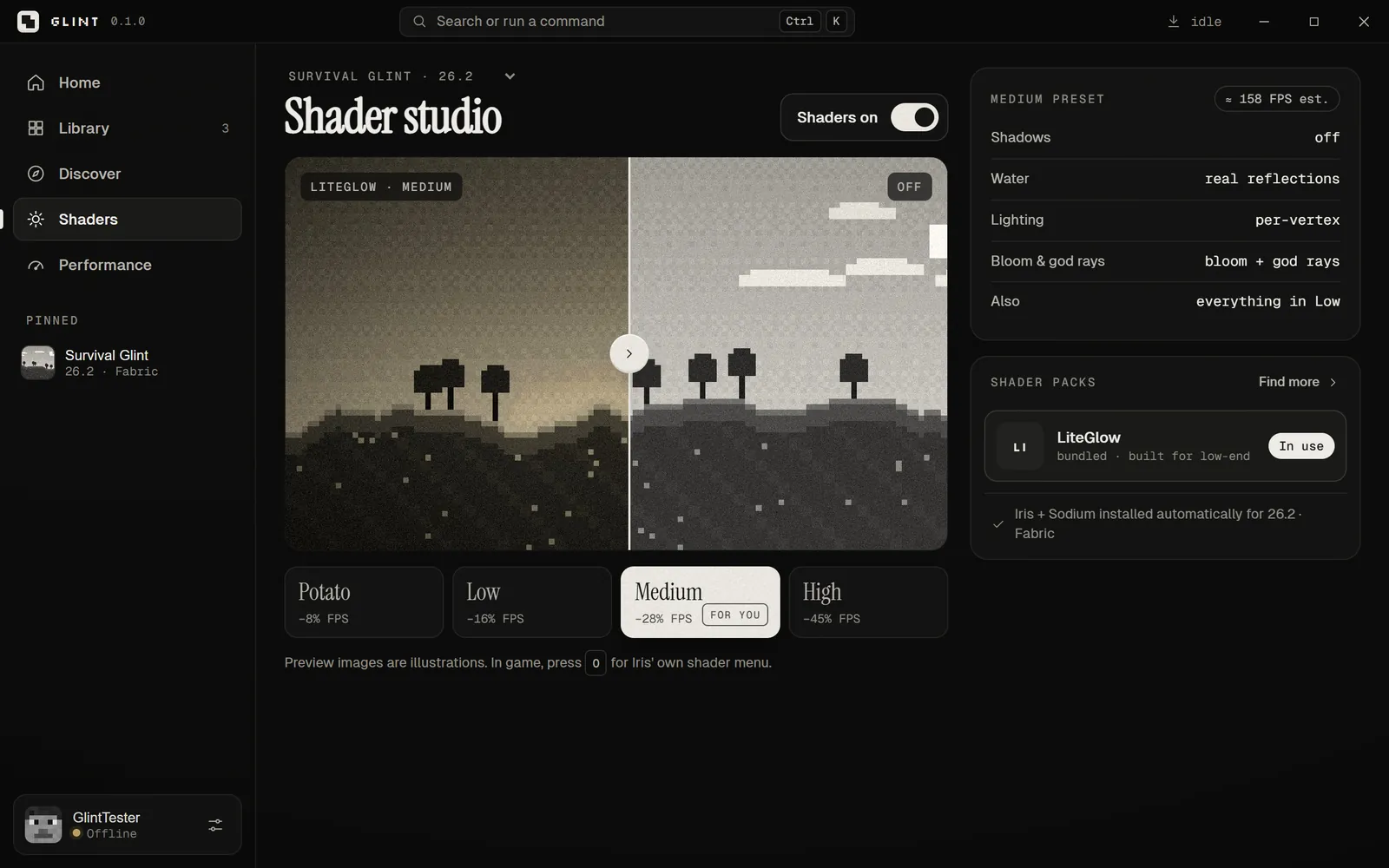 Glint’s shader studio with the LiteGlow pack and four quality presets