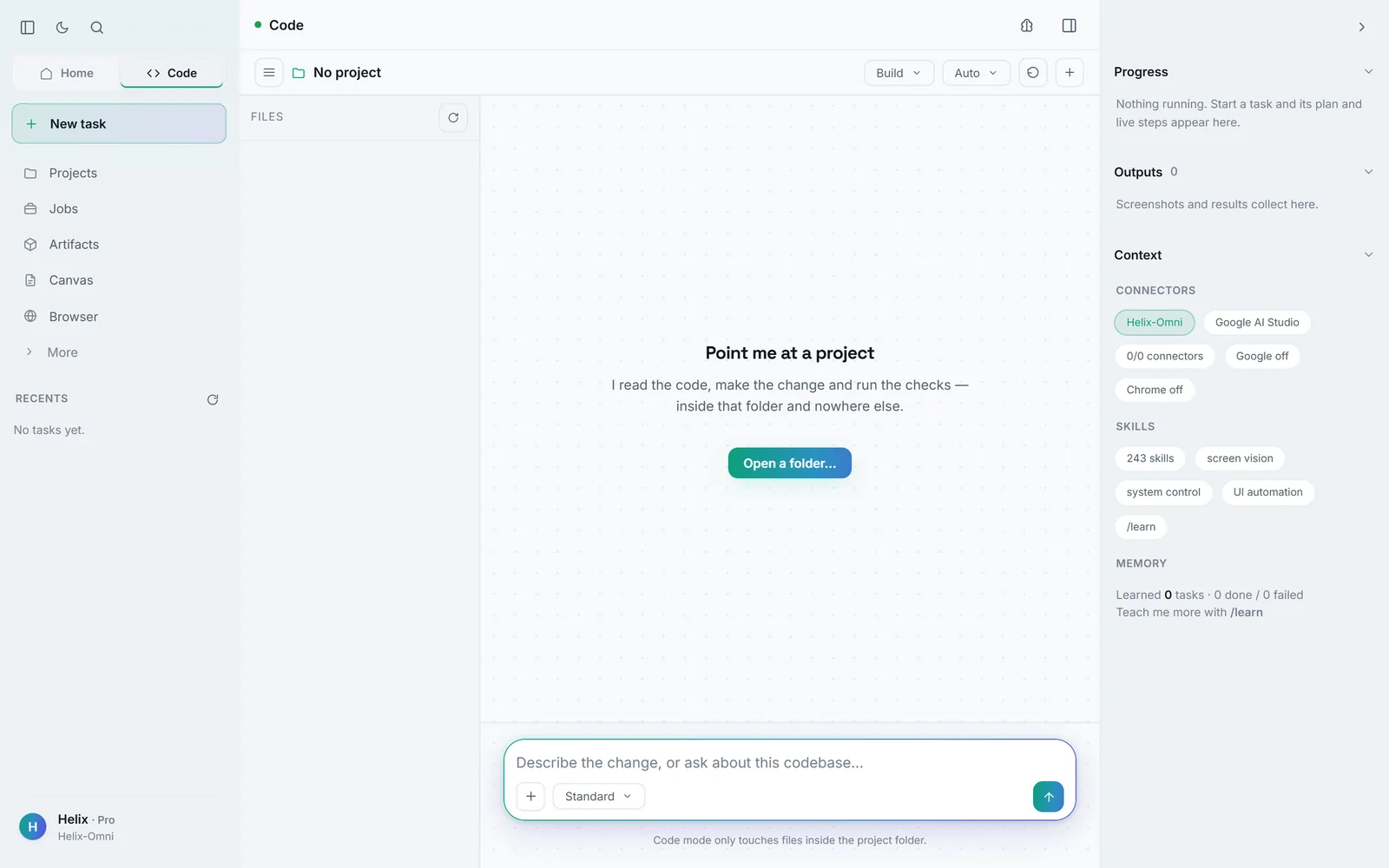 Helix Code: point it at a project folder; Build mode and Auto permissions