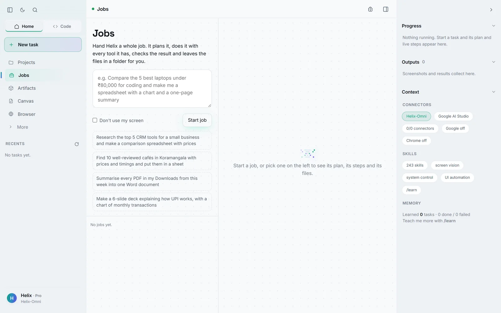 Helix Jobs page with example jobs