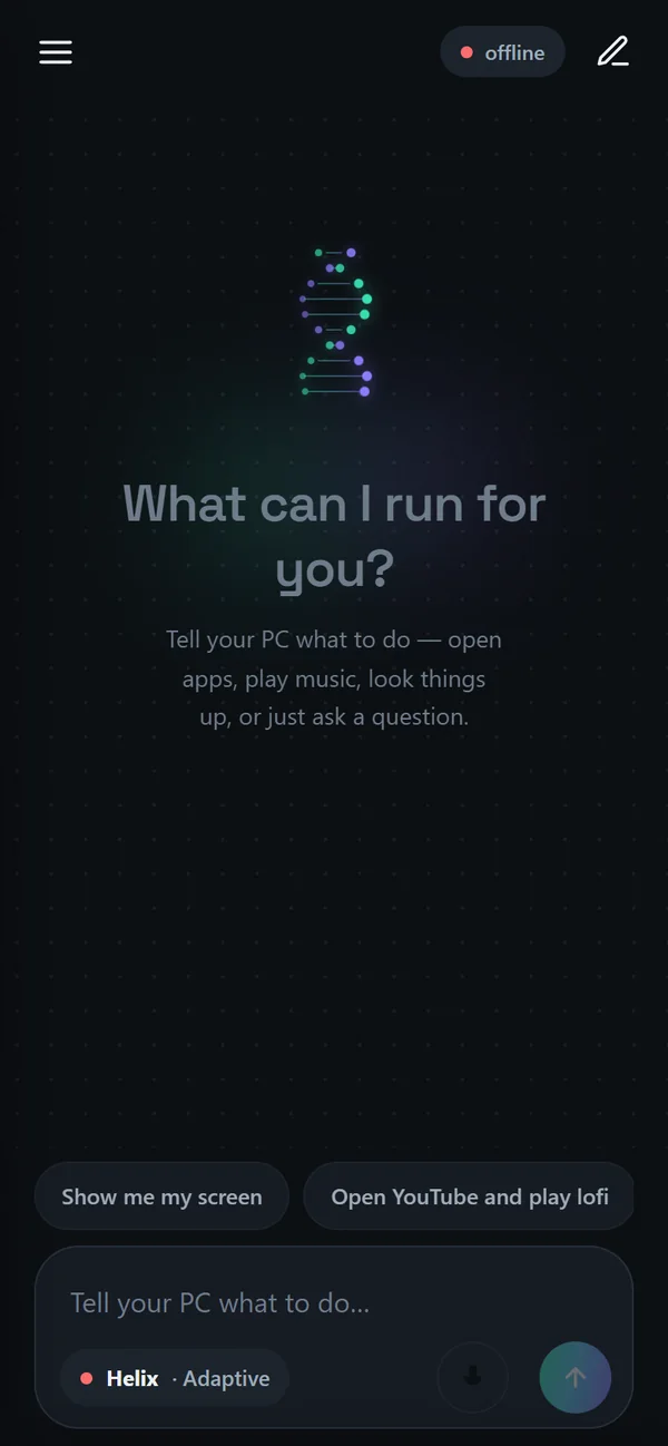 The Helix Android app: “What can I run for you?” with suggestions and a composer