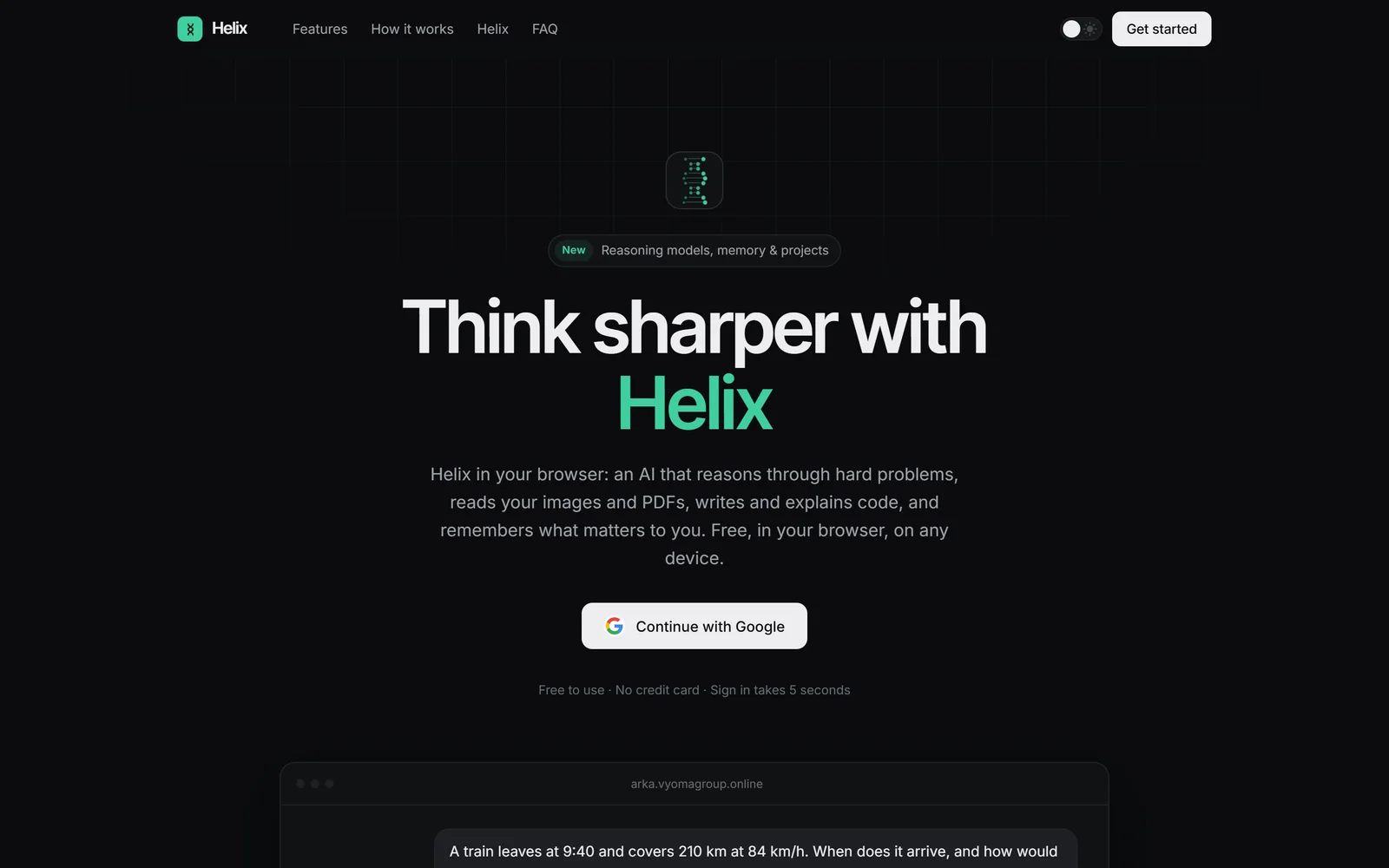 Helix web: “Think sharper with Helix”, continue with Google