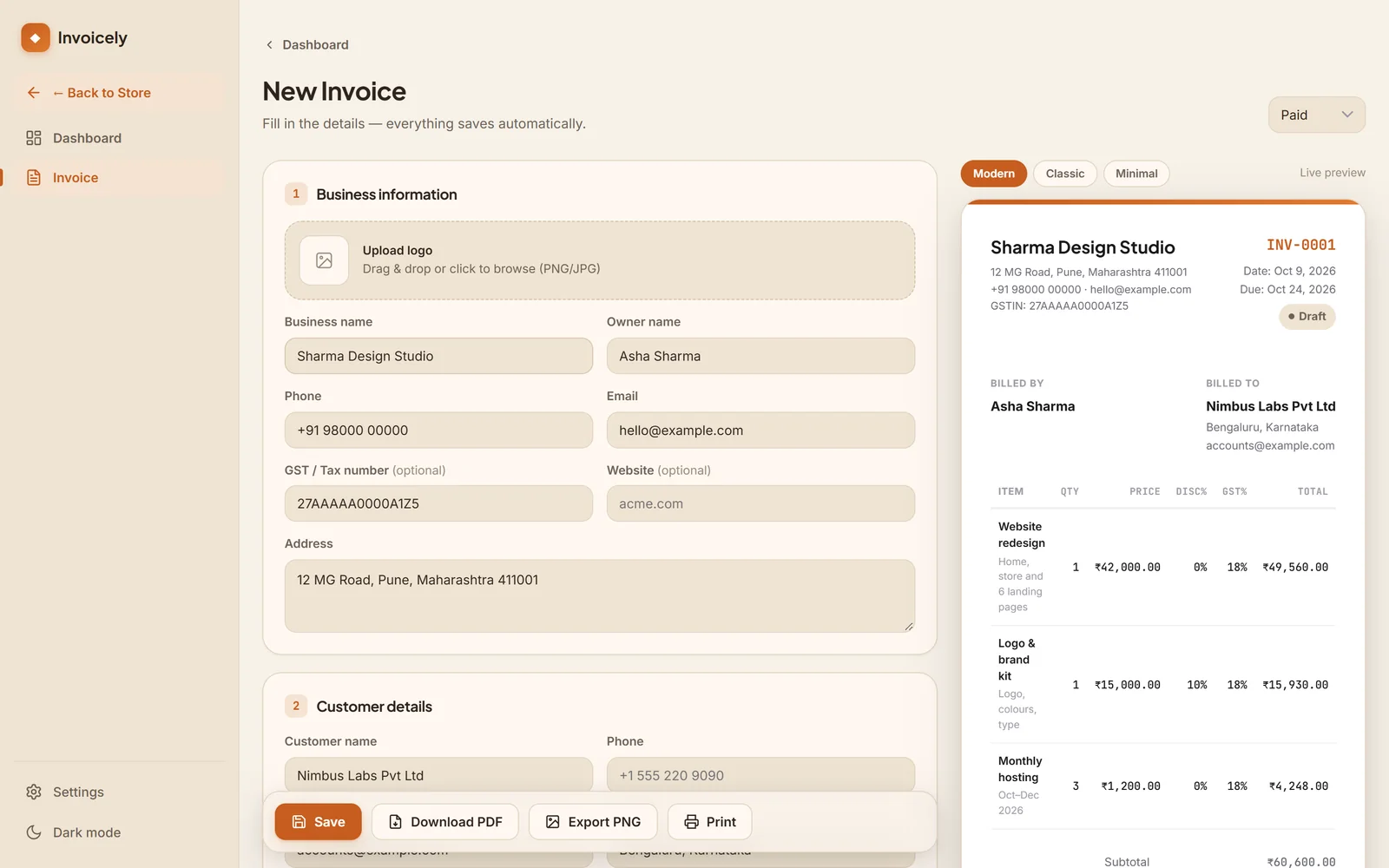 Invoicely’s editor with the form on the left and a live invoice preview on the right