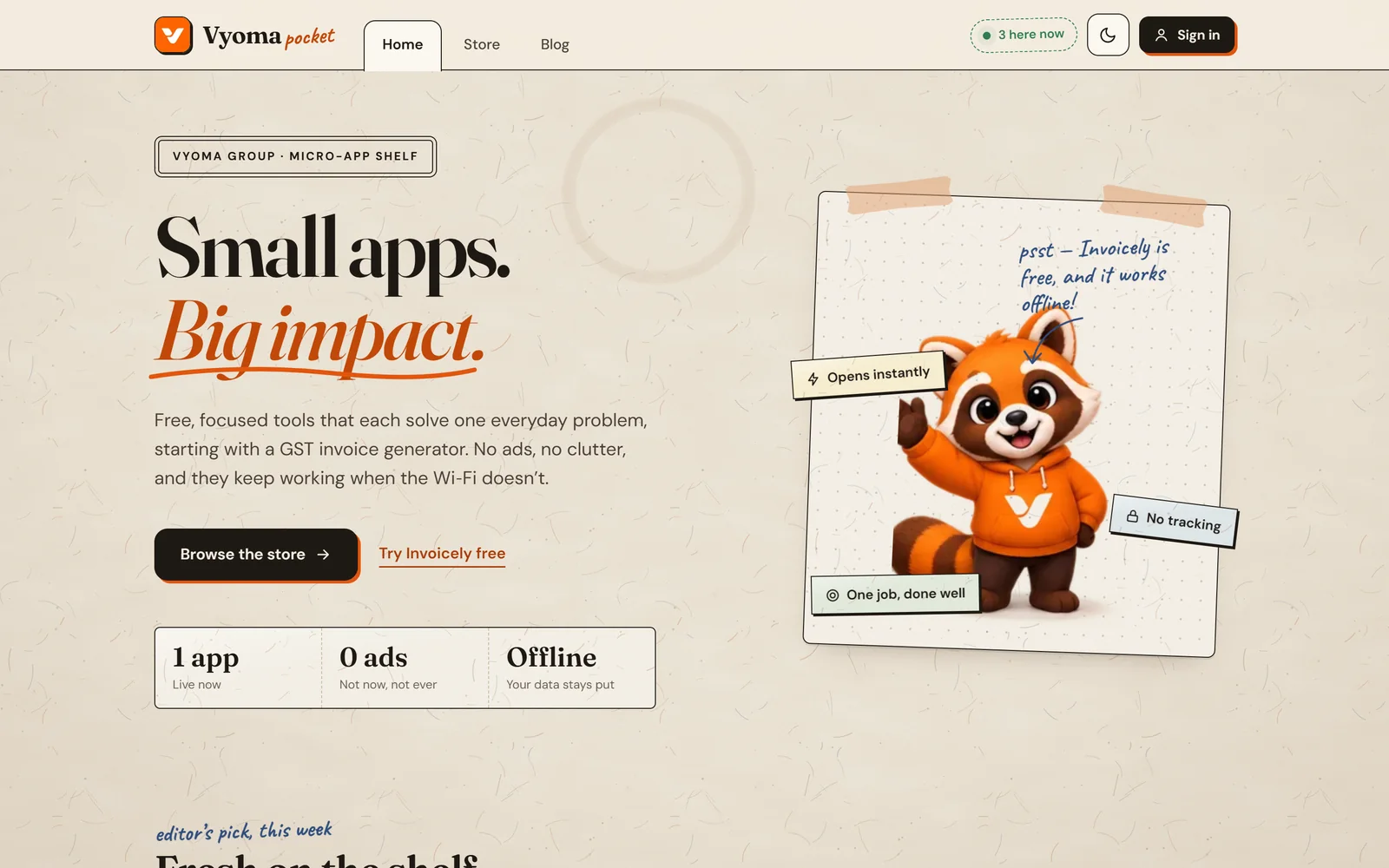 The Vyoma Pocket home page: “Small apps. Big impact.” with the red panda mascot