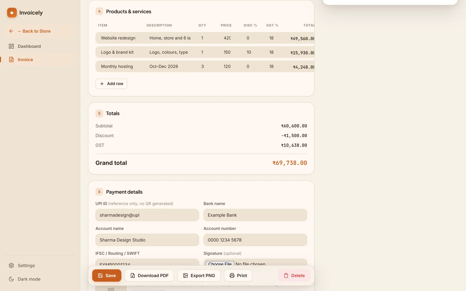 Invoicely line items with quantity, price, discount and GST, and the totals: subtotal, discount, GST and grand total