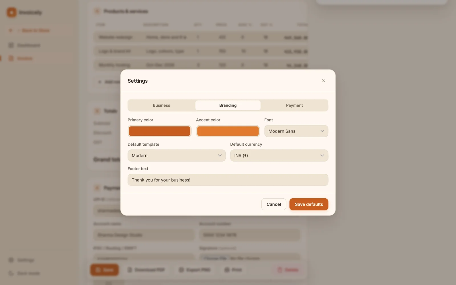 Invoicely Settings → Branding