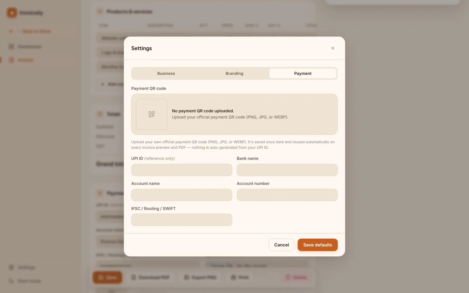 Invoicely Settings → Payment: upload your payment QR code, UPI ID and bank details