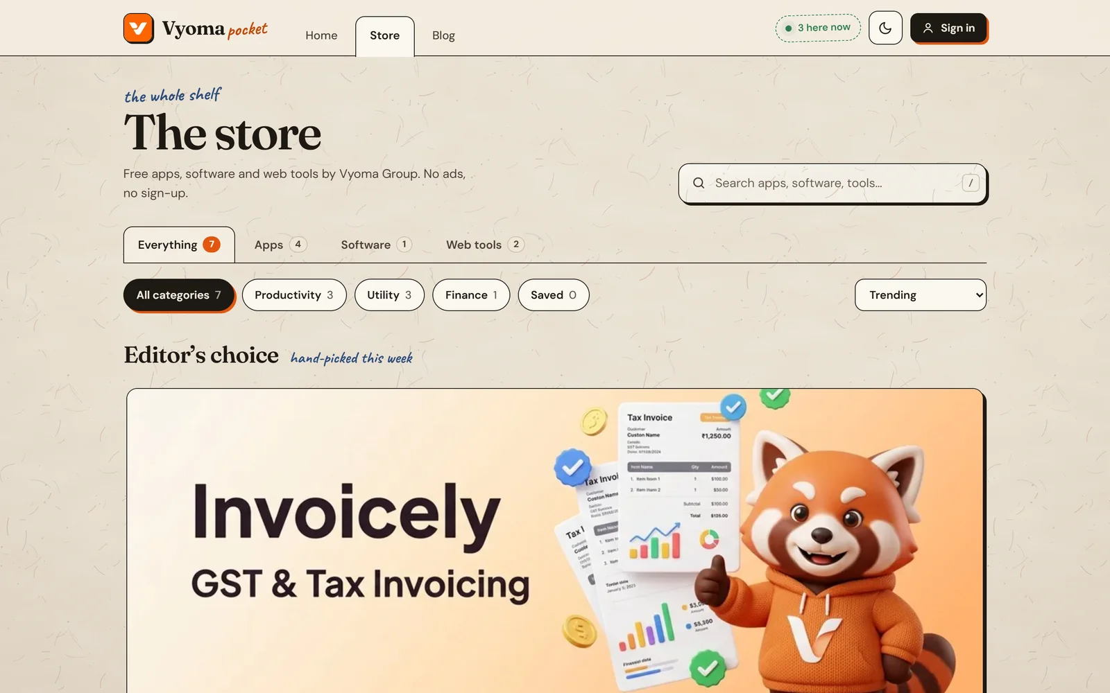 The Vyoma Pocket store with search, filters and the Invoicely editor’s pick