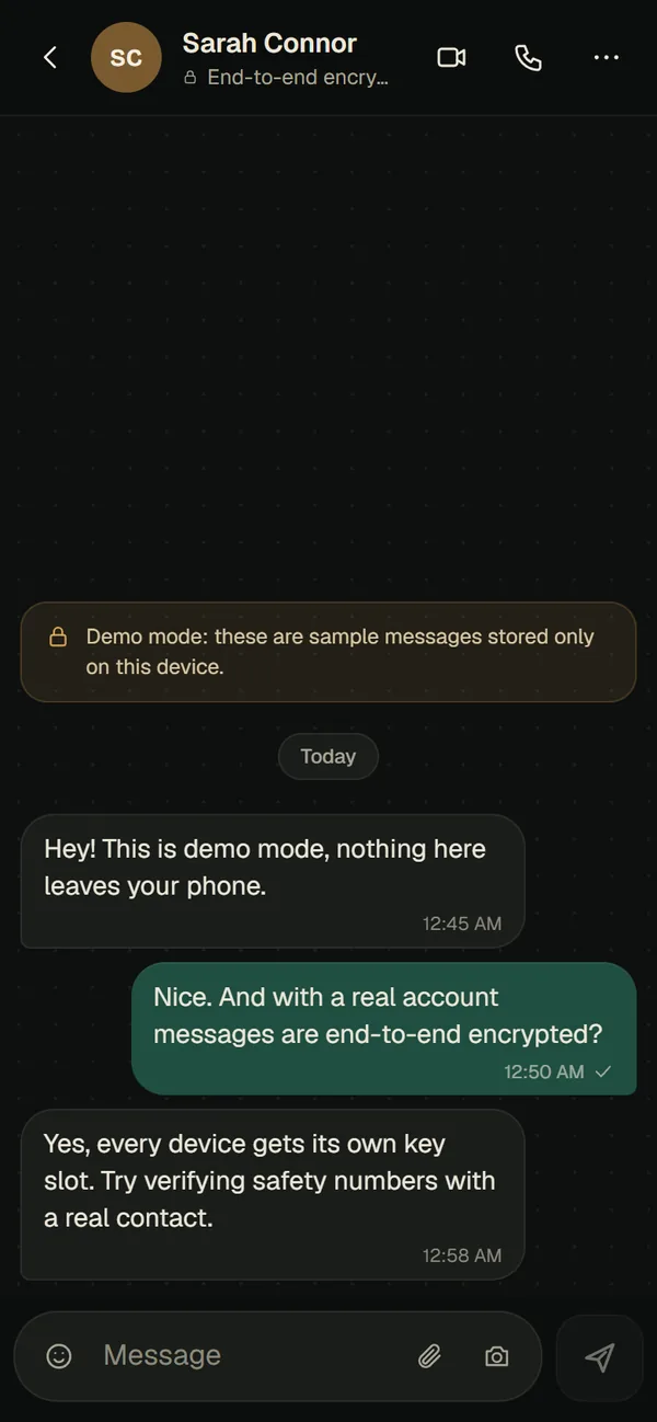 A one-to-one Vero conversation marked end-to-end encrypted