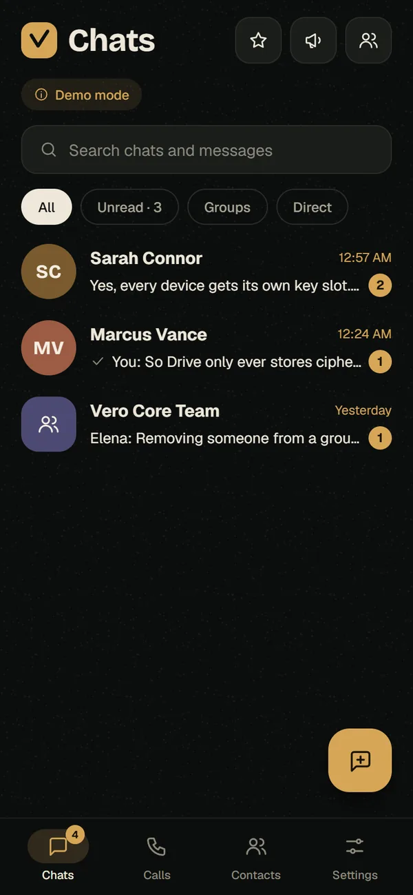 The Vero chat list with All, Unread, Groups and Direct filters