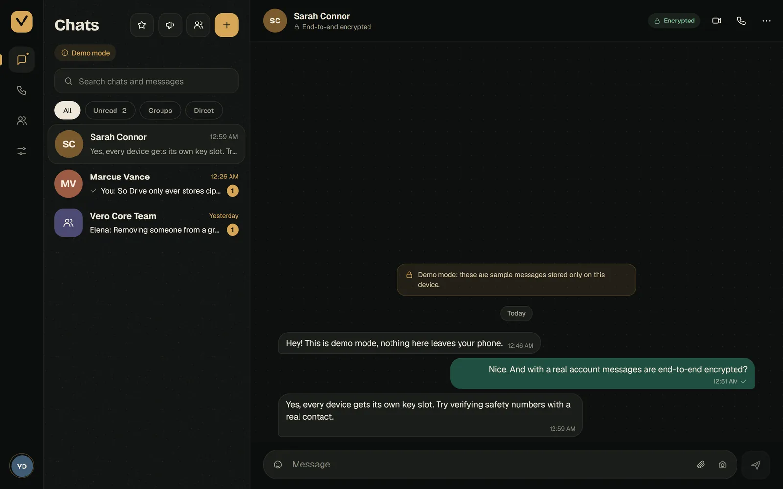 Vero on a desktop browser, with the chat list beside an open conversation