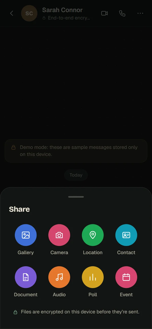 Vero’s attach menu: Gallery, Camera, Location, Contact, Document, Audio, Poll, Event