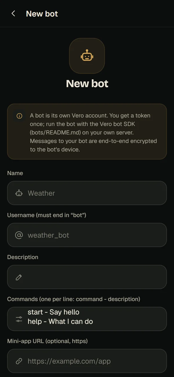 Creating a Vero bot: name, username ending in bot, description, commands and mini-app URL