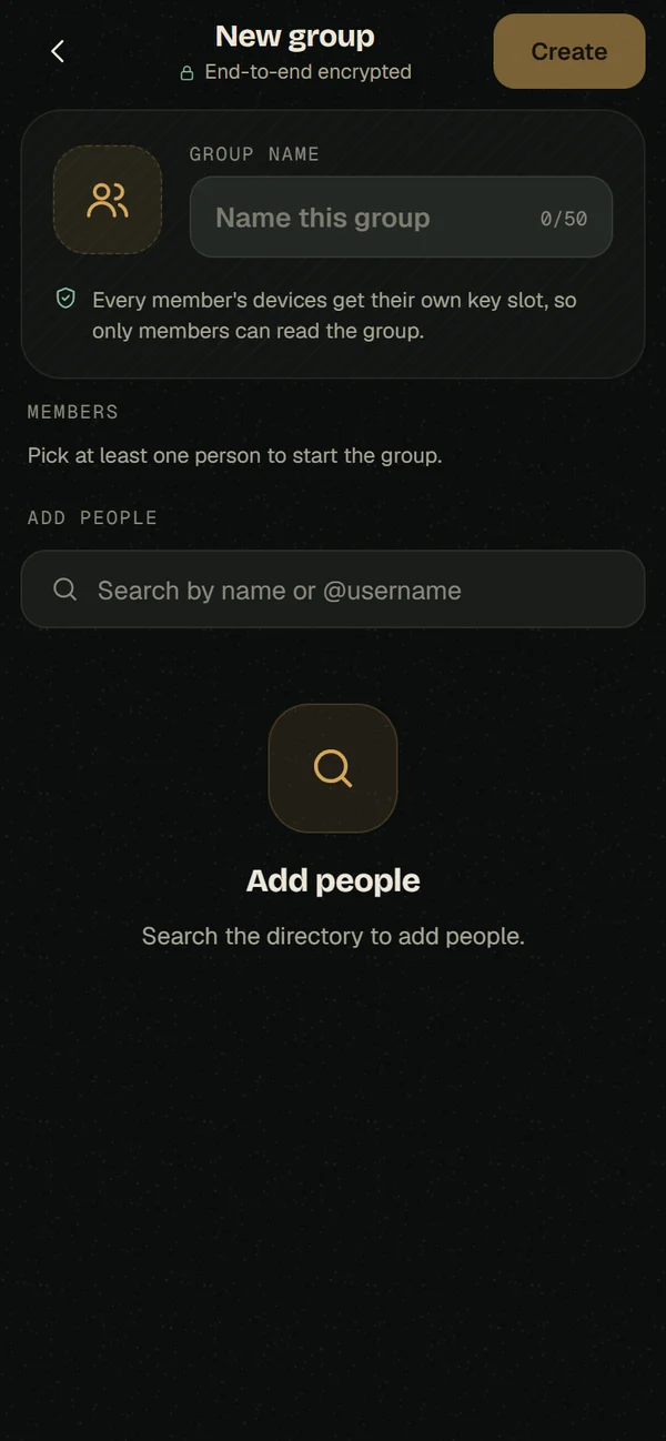 Creating a new Vero group: name, members and the note that every member’s devices get their own key slot