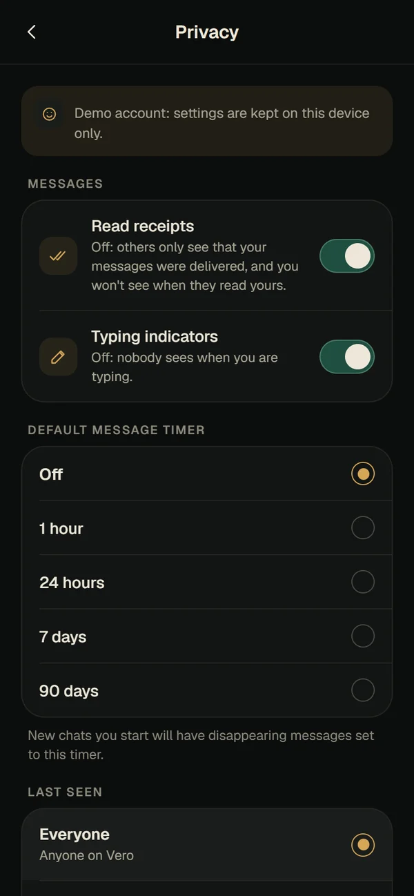 Vero privacy settings: read receipts, typing indicators, default message timer and last seen