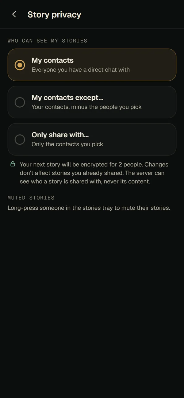 Vero story privacy: My contacts, My contacts except, or Only share with