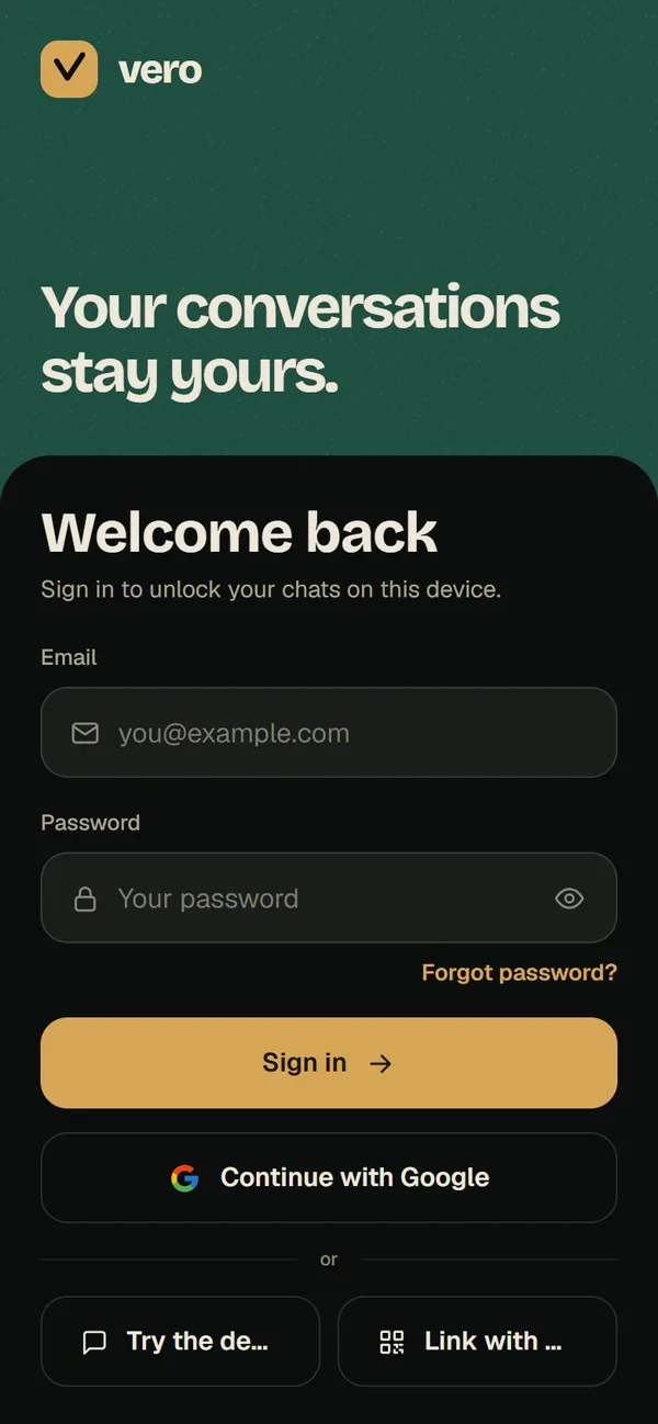 The Vero sign-in screen with email, password, Google, Try the demo and Link with QR
