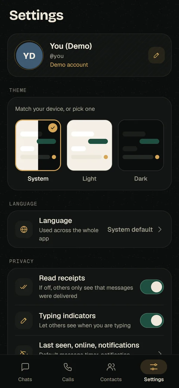 Vero settings: theme, language, read receipts and typing indicators